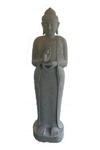 Product image of the product “Standing Buddha made of Riverstone in Dharmachakra position - gesture of wheel of the teaching of Dharma. About 180cm height. ”